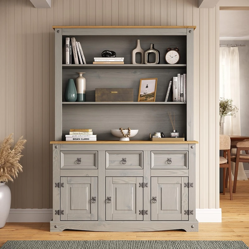 Corona Sideboard with Hutch Welsh Dresser Top 3 Door 3 Drawer Grey Painted Wax Solid Pine Wooden Storage Cabinet with Shelves for Kitchen Hallway Living Room