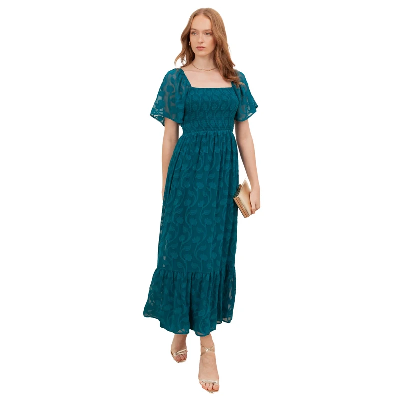 Lovedrobe Women's Midaxi Dress Ladies Square Neckline Short Angel Sleeves Floral Burnout A-line Shirred Bodice Tiered Hem Boho, Teal 24
