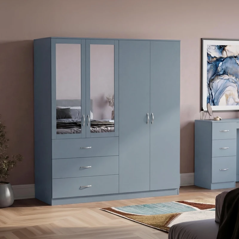 Vida Designs Riano 4 Door 3 Drawer Mirrored Wardrobe | White | Modern Bedroom Furniture | 175H x 154W x 54D cm | With Storage Shelf & Hanging Rail | Large Capacity Storage