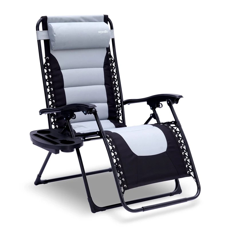 Foldable Outdoor Zero Gravity Padded Lawn Chair, Adjustable Steel Mesh Recliners, w/Removable Pillows and Cup Holder Side Tables, Set of 2, Gray and Black - Image 1