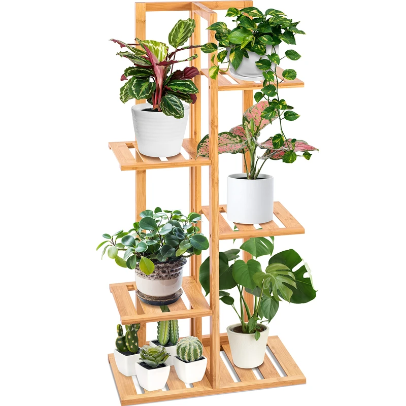 Bamboo Corner Plant Stand, 6 Tier Tall Freestanding Storage Shelf for 6 Potted Plants, Plant Accessories Rack Indoor and Outdoor Use, Multiple Plant Holder For Balcony and Living Room - Image 1