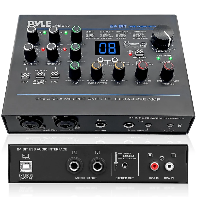 Pyle USB Audio Interface - 24-Bit MIC/Line/Guitar, PC/Mac Compatible, 48V Phantom Power, 24 Preset Effects, RCA, AUX, XLR Inputs, Low Noise Design, Home Studio & Streaming