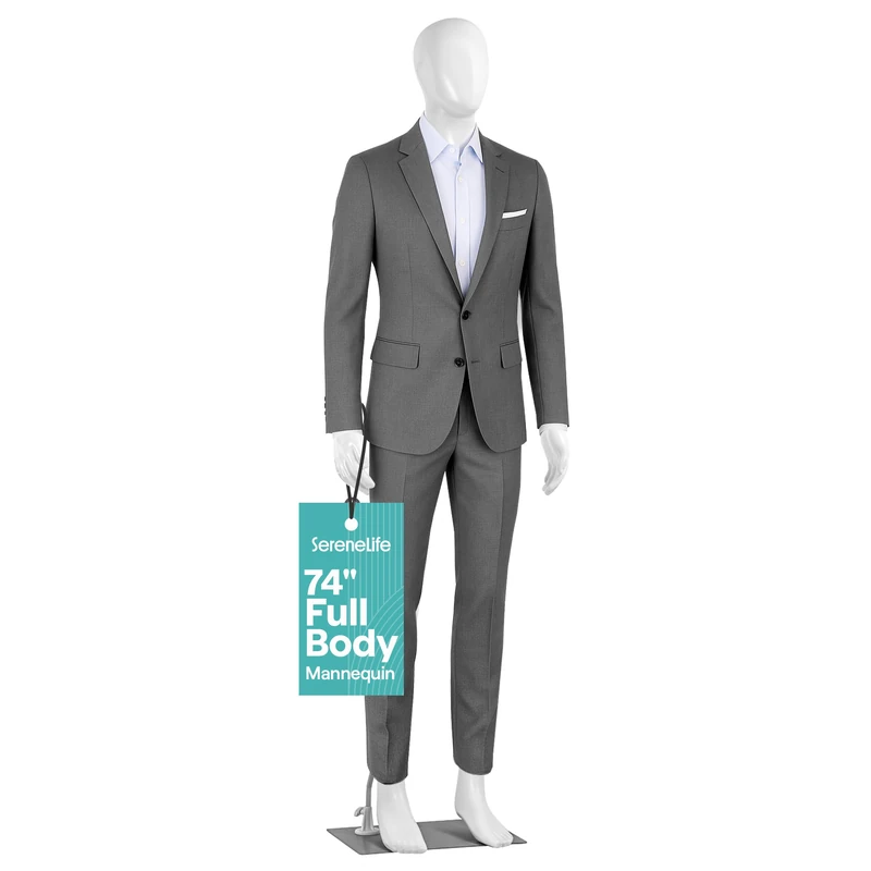 SereneLife Male Mannequin Torso Dress Form, 74" Adjustable Body Stand for Displaying Clothes, Sewing, and Tailoring, Detachable Full Body Model, Durable Metal Base, Easy Assembly, White