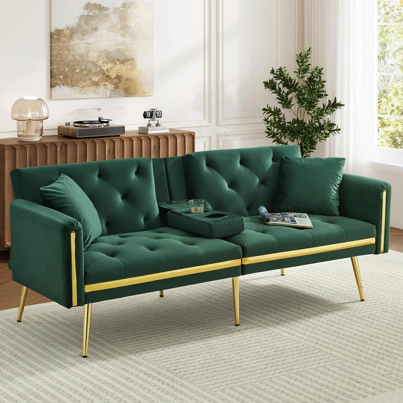 Ball & Cast 3 Seater Sofa Bed with Adjustable Backrest, Gold Accents and Built-in Cup Holders, 3 Seater Sofa/Folding Bed for for Living Room and Bedroom, Green
