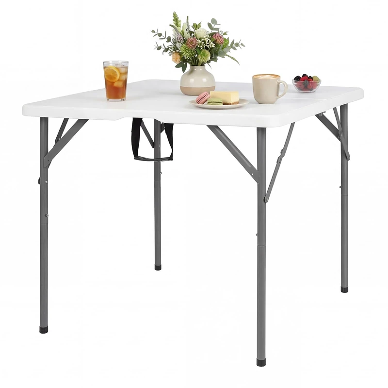FANTASK Folding Camping Table, 86 x 85.5 cm, Folding Table with HDPE Table Top & Carry Handle, Portable Square for 4 People, Dining Table for Kitchen, Garden, Camping (White) - Image 1