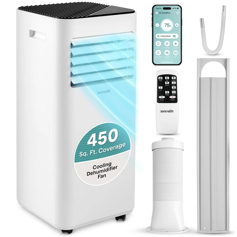 SereneLife 3-in-1 Portable Air Conditioning Unit - Powerful Compact, 10,000 BTU Mobile Unit, Built-in WIFI, Dehumidifier & Fan Modes, Includes Window Mount Kit