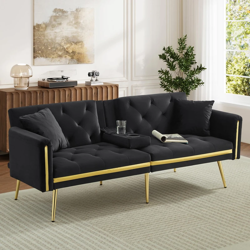 Ball & Cast 3 Seater Sofa Bed with Adjustable Backrest, Gold Accents and Built-in Cup Holders, 3 Seater Sofa/Folding Bed for for Living Room and Bedroom, Black
