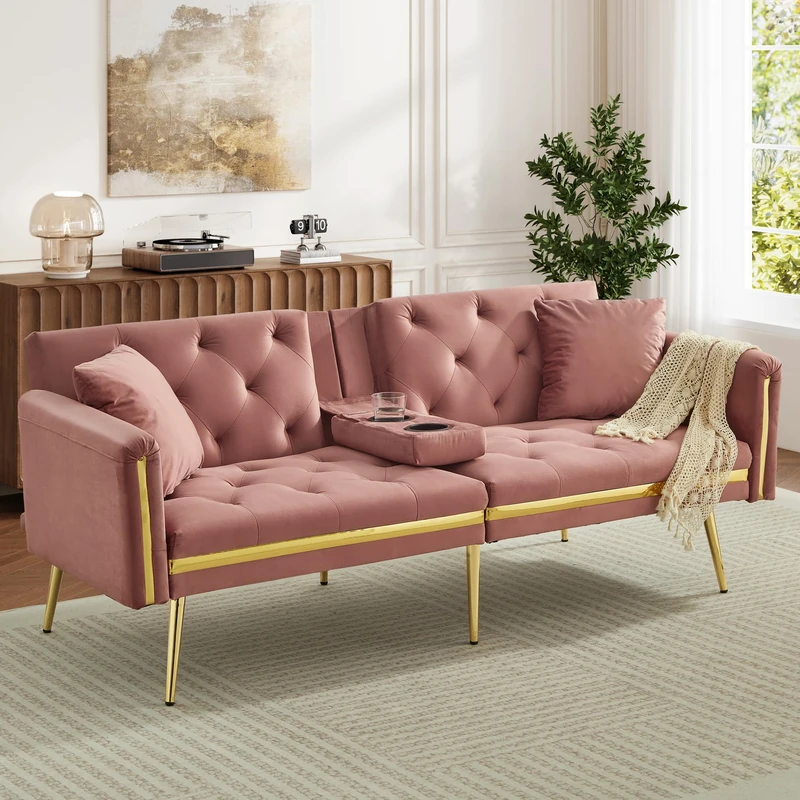 Ball & Cast 3 Seater Sofa Bed with Adjustable Backrest, Gold Accents and Built-in Cup Holders, 3 Seater Sofa/Folding Bed for for Living Room and Bedroom, Pink