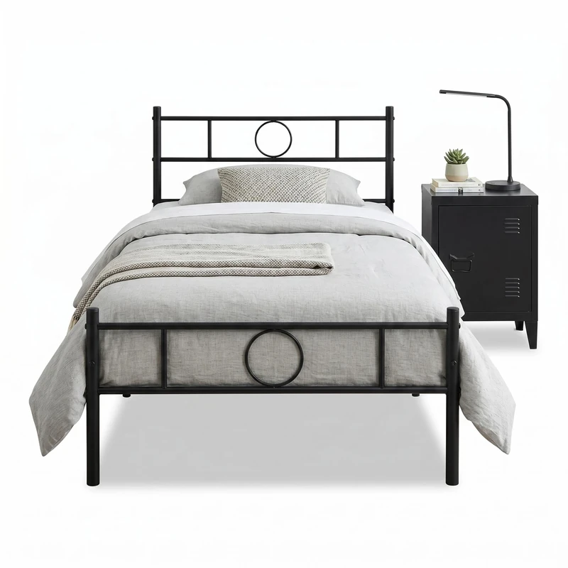 FurnitureR Single Metal Bedroom Set with Bedside Table Round Design Sturdy Steel Structure Compatible with Mattress 90 x 190 cm Ideal for Small Spaces - Image 1