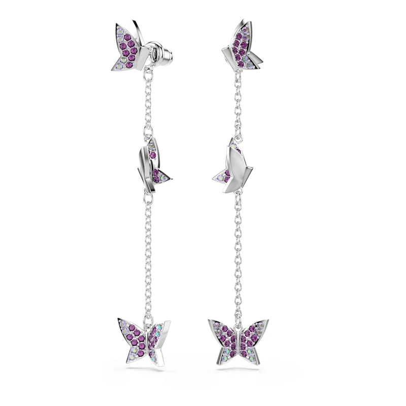 Swarovski Idyllia Earrings, Round Cut, Butterfly, Purple, Rhodium Plated