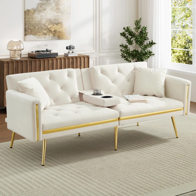 Ball & Cast 3 Seater Sofa Bed with Adjustable Backrest, Gold Accents and Built-in Cup Holders, 3 Seater Sofa/Folding Bed for for Living Room and Bedroom, White