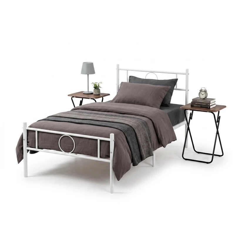 FurnitureR Single Bedroom Set Metal White with 2 Folding Tables Suitable for Mattresses 90 x 190 cm Nordic Style Furniture for Small Space - Image 1