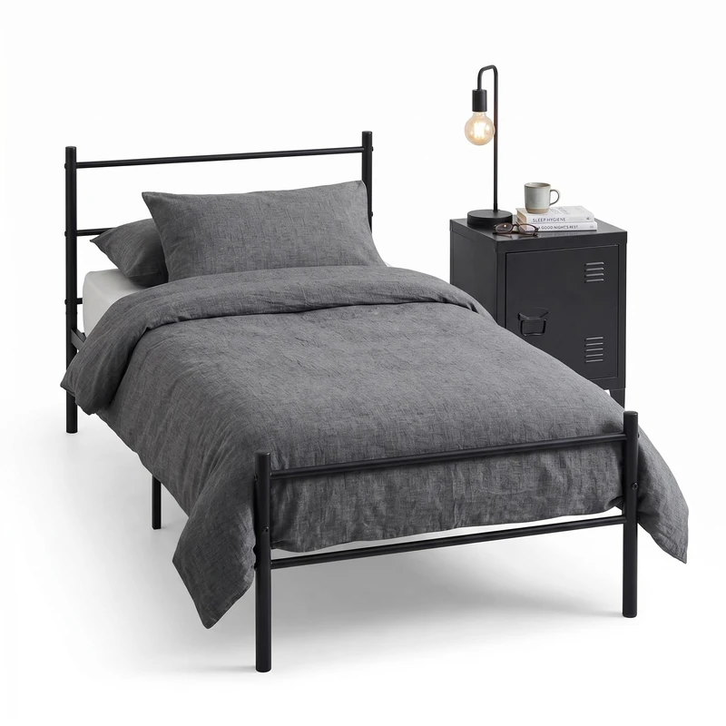 FurnitureR Metal Single Bedroom Set with Bedside Table, Minimalist Design, Sturdy Structure, Mattress, 90 x 190 cm, Ideal for Small Spaces - Image 1