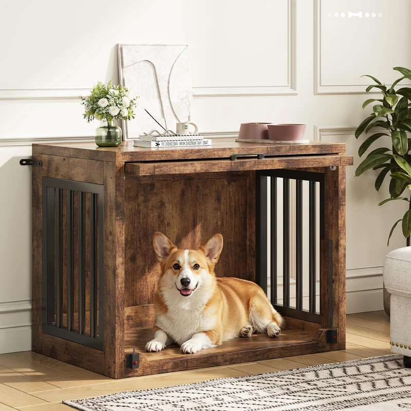 Jocoevol Dog Crate Furniture with Hidden Sliding Door & Quiet Pads for Chihuahuas, Pomeranians, Malteses, Small Wooden Dog Crate 76 x 51 x 63 cm, Rustic Brown