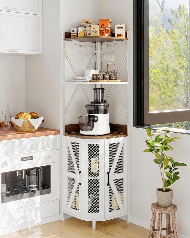 Corner Wine Cabinet With Electrical Outlet, Industrial Style Bar Cabinet With LED Strip And Glass Holder, 4 Shelves Wooden Sideboard For Home And Small Spaces, Lattice Door