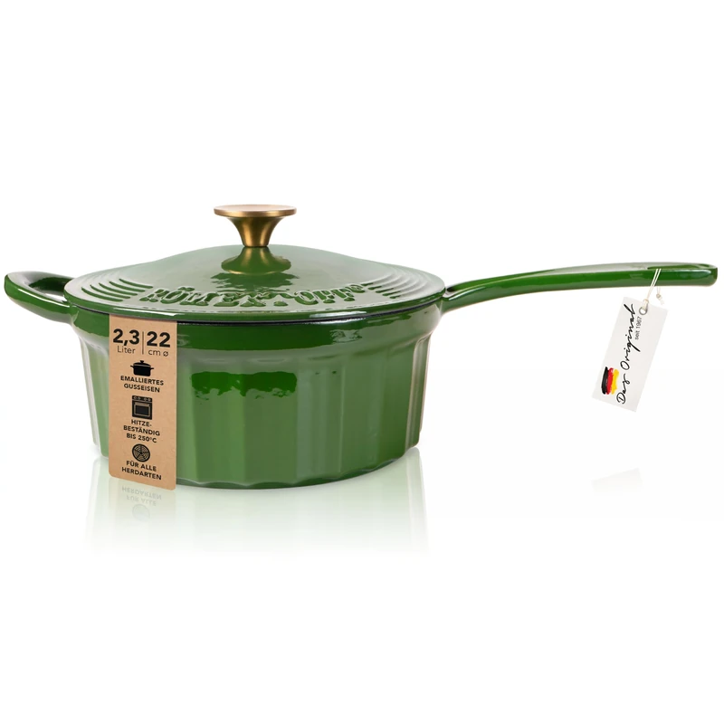 Römertopf Cast Iron Saucepan with Lid 22 cm - Saucepan Enamel Coating, All Hobs Including Induction, Oven-Safe 250 °C, for Risotto Fondue Sauces, PFAS-Free, Deep Green