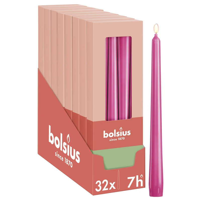 Bolsius Essentials - Smooth Tapered Candles - Fuchsia Pink - 9.6 in - Pack of 32-7.5 Hours - Decorative Candles - No Palm Oil - with Natural Plant Wax