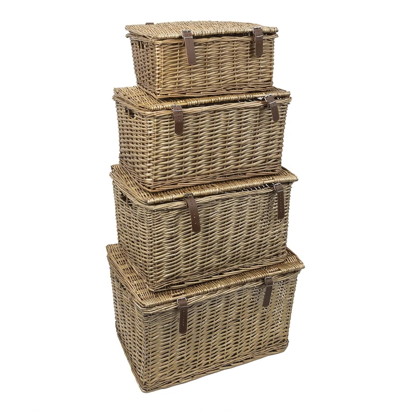 JVL Handmade Buff Wicker Hampers with Faux Leather Straps, Set of 4