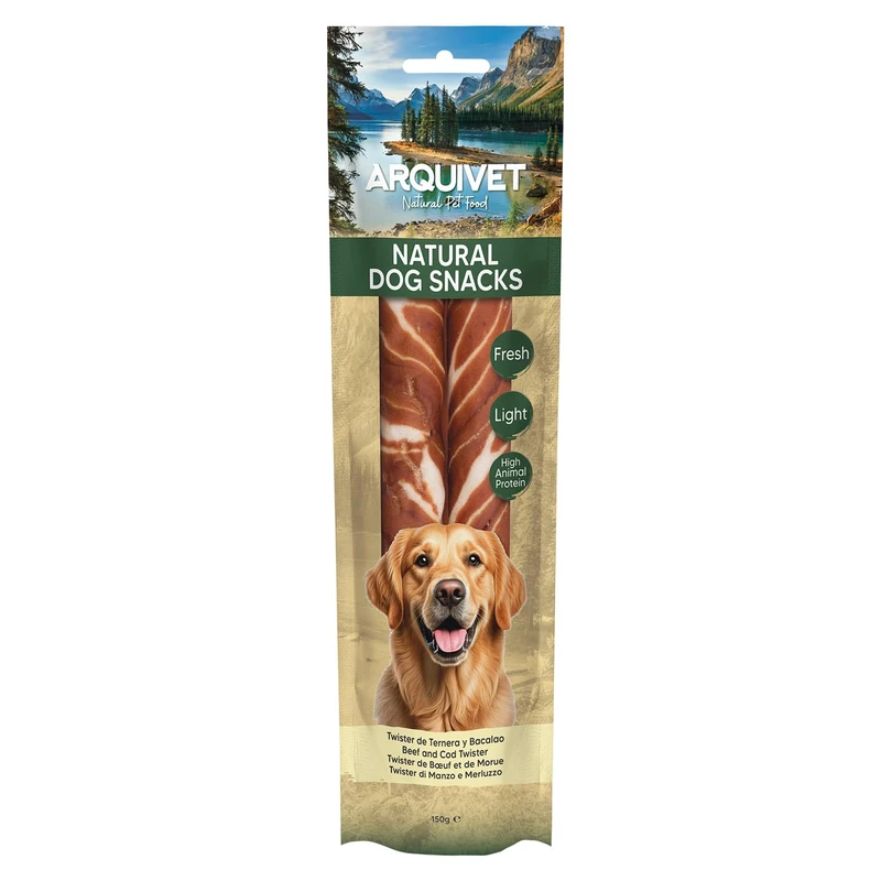 Dog Snacks (Pack of 12) - Beef and Cod Twister 24cm - 150gr, Natural Dog Snacks - Arquivet