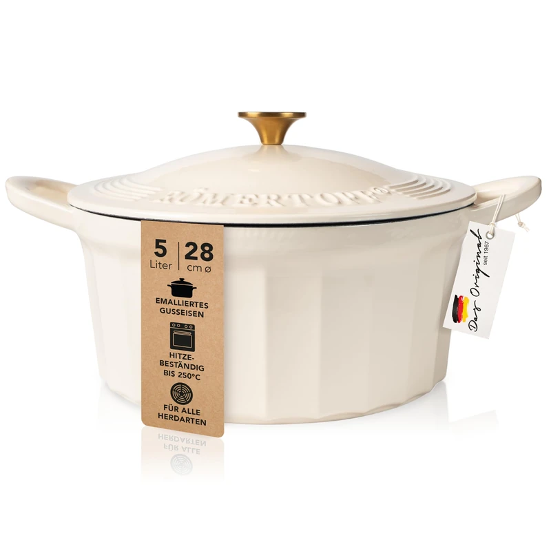 Römertopf Cast Iron Pot with Lid 28 cm - Enamelled Roasting Dish & Casserole Dutch Oven for All Types of Cookers Including Induction, Oven-Safe up to 250 °C, PFAS-Free - Cream