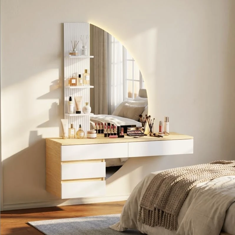 JUMMICO Wall Dressing Table with LED Lighted HD Mirror, Dimmable Brightness & Large Storage Space, Space Saving Modern Dressing Table for Bedroom, Black/Oak (White) - Image 1
