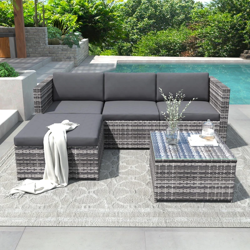 Merax 3-Piece Rattan Garden Furniture Set, Outdoor Corner Sofa with Cushions & Glass Coffee Table, Compact Patio Furniture Set for Garden, Balcony or Terrace, Grey - Image 1