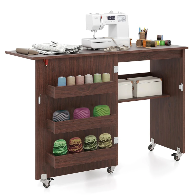CASART 2-In-1 Sewing Table, Foldable Hobby Craft Table with Open Shelves & Rolling Casters, Multipurpose Sewing Machine Cabinet Computer Desk (Dark Brown, 116 x 40 x 78cm)
