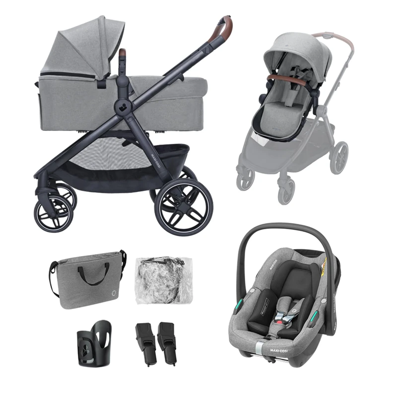 Maxi Cosi Zelia Select+, Baby Stroller 3 in 1 with Car Seat, 0-4 Years (0-22 kg), One-Hand Fold Pushchair Travel System, Reversible Carrycot, with CabrioFix S i-Size Baby Car Seat, Grey