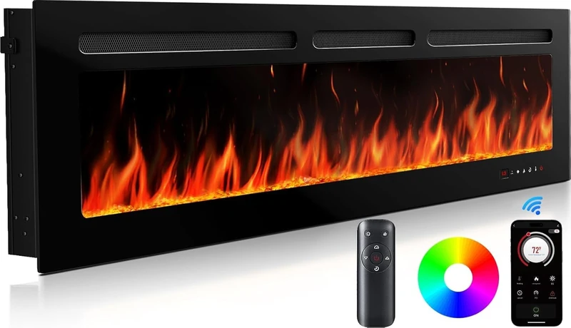 Silonn 60″ Electric Fireplace, 1800-2000W Heating, Slim Wall-Mounted or Recessed Design, Smart App & Remote Control, Timer, 20 Color Flame Options – Black