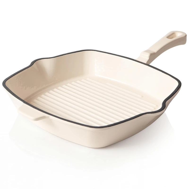 Römertopf Cast Iron Grill Pan Square 24 cm - Steak Pan Enamel Coating, All Hobs Including Induction, Oven-Safe 250 °C, Grill Strips Low Fat Frying, PFAS-Free, Cream - Image 1