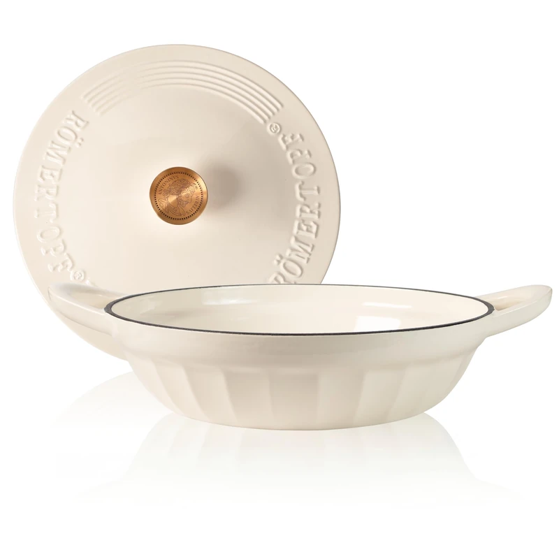 Römertopf Cast Iron Sauté Pan with Lid 28 cm - Saute Pan Enamel Coating, All Hobs Including Induction, Oven-Safe 250 °C, Searing and Braising, PFAS-Free, Cream