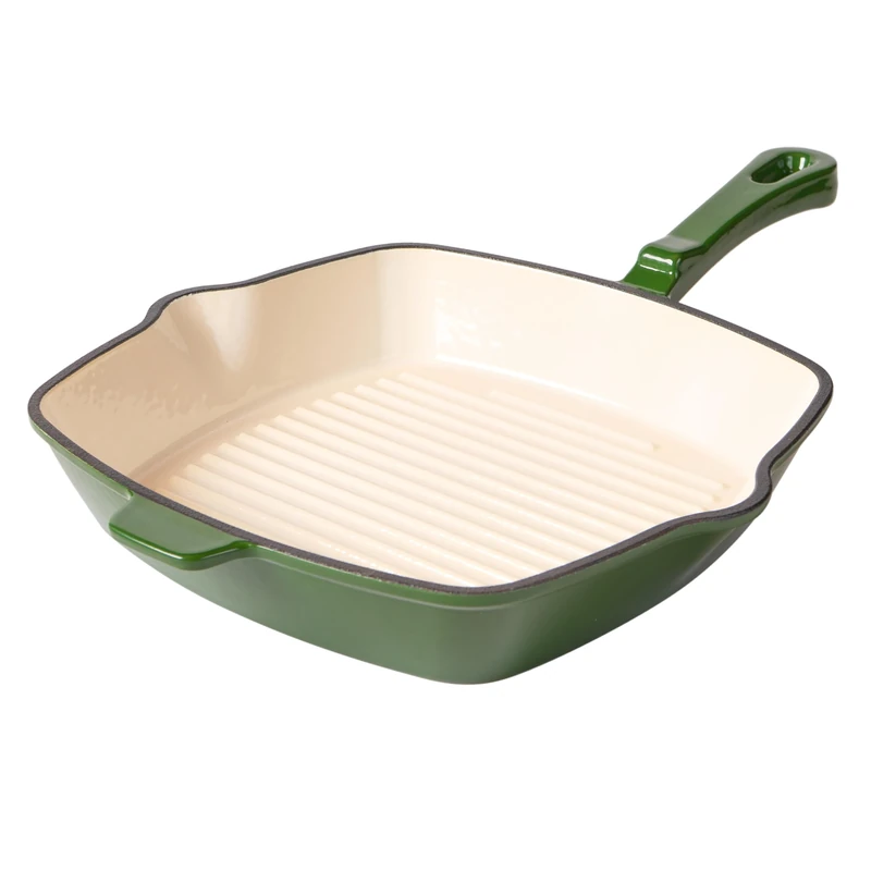 Römertopf Cast Iron Grill Pan, Square, 24 cm, Steak Pan, Enamel Coating, All Types of Cookers Including Induction, Oven-Safe 250 °C, Grill Strips Low Fat Frying, PFAS-Free, Deep Green - Image 1