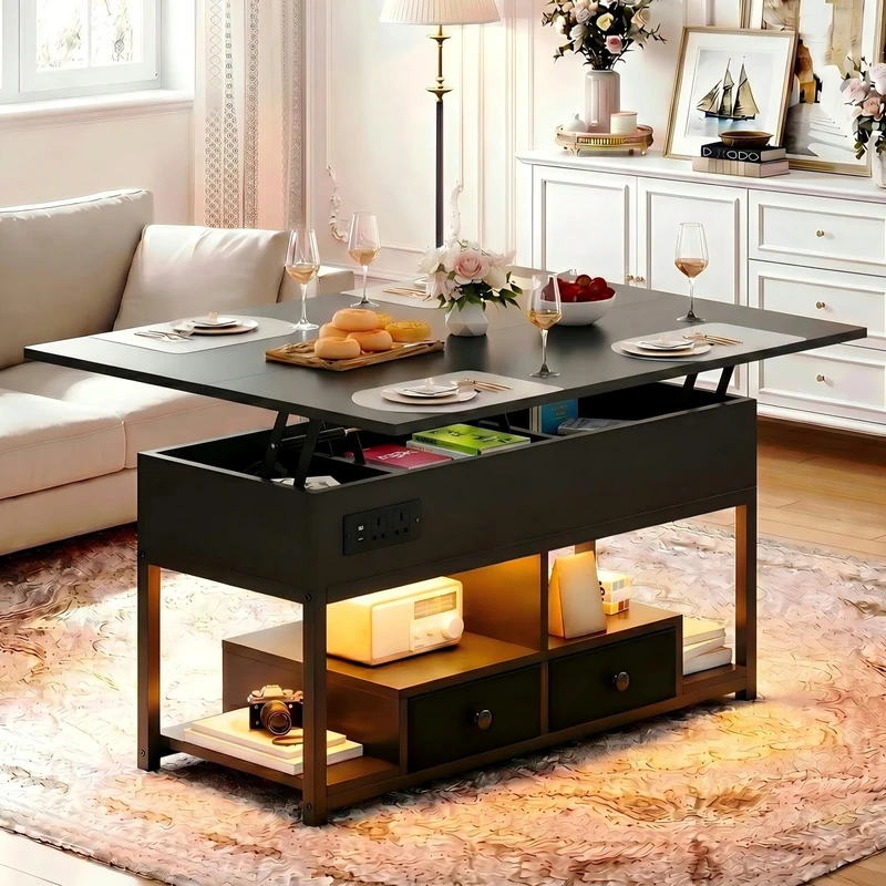 IRONCK Lift Top Coffee Table, Living Room Table with LED Lights, USB and Type-C Ports, Wooden Tea Table with Hidden Storage and 2 Drawers, Convertible Centre Table, 100×80cm, Black - Image 1