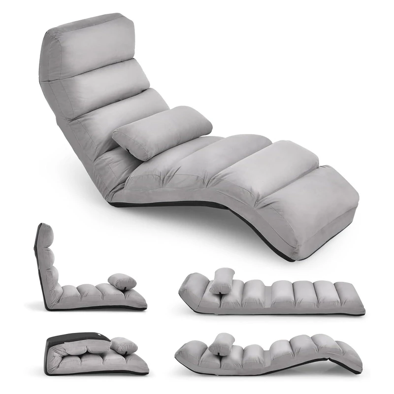 RELAX4LIFE Foldable Lazy Sofa, Floor Sofa Bed with 5-Level Customizable Backrest & Removable Pillow, Armless Lazy Lounge Chair and Sleeper for Living Room Bedroom Salon Office Apartment (Grey)