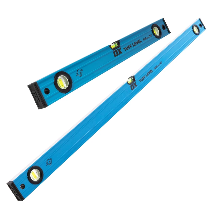 OX 2pc Pro Tuff Spirit Level Set - 600mm & 1200mm, Fine Milled Edges, Heavy Duty Aluminium with Shock-Resistant Rubber End Caps, 3 Ultra Precision Vials, Easy-Clean Clog-Free Design, OX-P439702-E