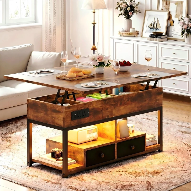IRONCK Lift Top Coffee Table, Living Room Table with LED Lights, USB and Type-C Ports, Wooden Tea Table with Hidden Storage and 2 Drawers, Convertible Centre Table, 100×80cm, Retro Brown - Image 1