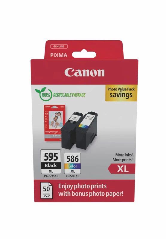 Canon Ink - PG-595 XL/CL-586 XL Genuine Printer Ink Cartridge - Prints Up to 300 pages (1 x XL Black Cartridge, 1 x XL Colour Cartridge) + 4x6 Photo Paper (GP-501 50 sheets)