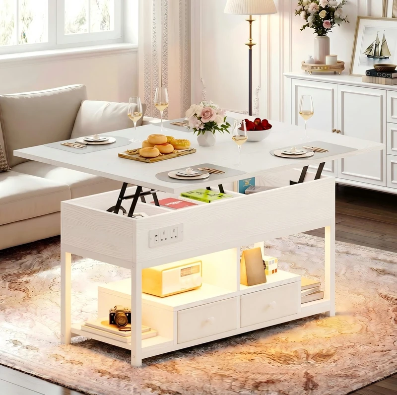IRONCK Lift Top Coffee Table, Living Room Table with LED Lights, USB and Type-C Ports, Wooden Tea Table with Hidden Storage and 2 Drawers, Convertible Centre Table, 100×80cm, White - Image 1