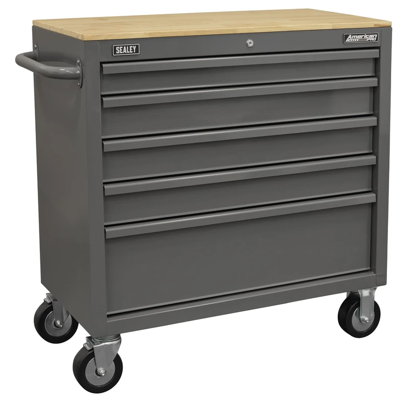Sealey American PRO® 5 Drawer Mobile Workstation & Wooden Worktop/Tool Chest with Wooden Worktop on Wheels with Ball Bearing Slides - APMWS1G