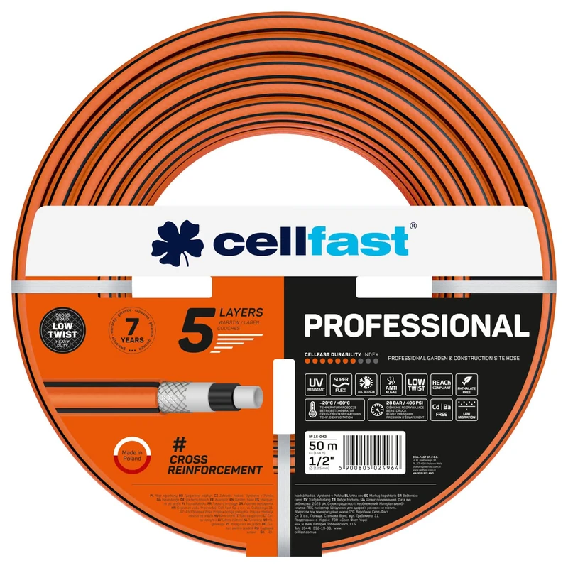CELLFAST Garden hose 5-Layer PROFESSIONAL 1/2" 50 m - Garden and Construction Hose with Cross Braided - Strong - Resistant to UV, Algae and Twisting - 28 bar - Garden watering