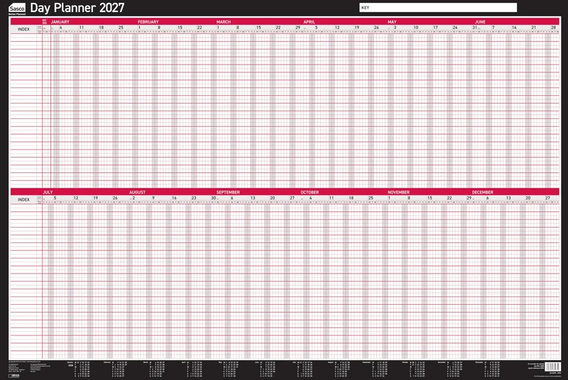 Sasco 2027 Day Wall Planner with wet wipe pen & pack of 700 stickers, Black & Red, Board Mounted, 915mmW x 610mmH