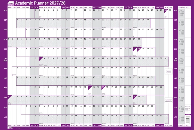 Sasco 2027/28 Academic Year Wall Planner with wet wipe pen & pack of 378 stickers, Purple, Board Mounted, 915mmW x 610mmH