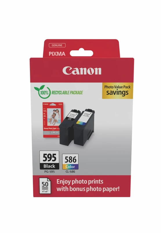 Canon Ink - PG-595 / CL-586 Genuine Printer Ink Cartridges - Prints Up to 180 A4 Pages (1 x Black Cartridge, 1 x Colour Cartridge) + 4x6 Photo Paper (GP-501 50 sheets)