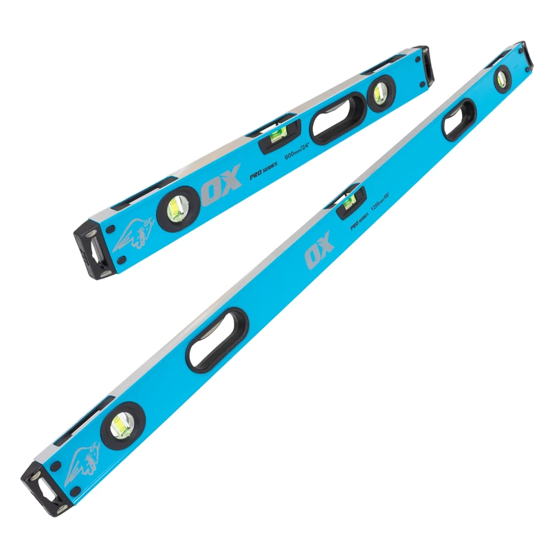 OX 2pc Pro Spirit Level Set - 600 & 1200mm, Unique Dual View Magnified Vials, Fine-Milled Edges, Heavy-Duty Aluminium Profile, Shock-Proof End Caps, Silicone Air Cushioned Handles, OX-P439703-E