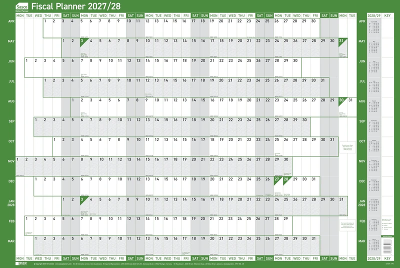 Sasco 2027/28 Fiscal Year Wall Planner with wet wipe pen & pack of 378 stickers, Green, Board Mounted, 915mmW x 610mmH