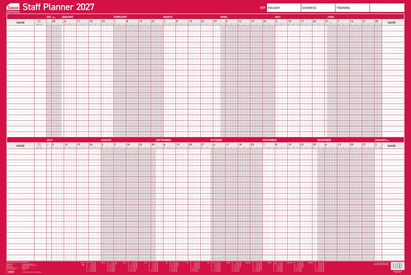 Sasco 2027 Staff Year Wall Planner with wet wipe pen & pack of 700 stickers, Red, Board Mounted, 915mmW x 610mmH