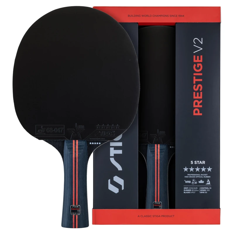 STIGA Prestige V2 5-Star Table Tennis Bat – High Speed Performance Racket, 5-Ply Blade, Concave Handle, WRB & ACS Technology, ITTF Approved Rubber, 2.0 mm Sponge