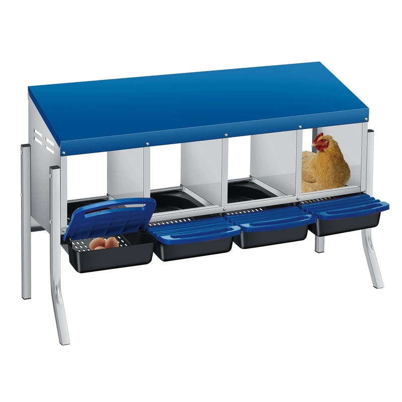 Garvee Nest for Laying Hens 4 Compartments with Support Legs, Galvanised Steel Nest Box with Automatic Egg Collection, Blue Roof and Removable Trays for Outdoor Chicken Coop