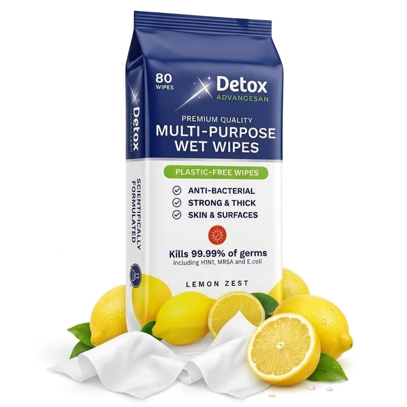 Detox AdvanceSan Multipurpose (SKIN and SURFACES) Antibacterial Wipes, Extra Thick, Lemon Scent | BULK BUY 12 x 80 (960 Wipes) | Home and Workplace Disinfecting | PLASTIC-FREE & Biodegradable