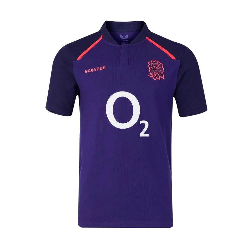 Castore England Rugby Men's Alternate Classic Short Sleeve Shirt, Rhodonite, Maritime Blue, Diva Pink, M